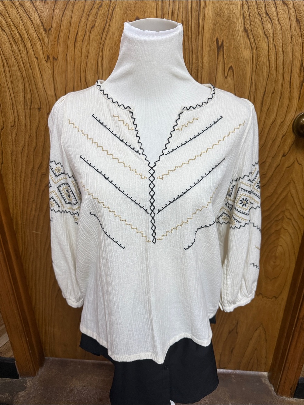 Madewell Womens Off White Embroidered Puff Sleeve Notch Neck Boho Peasant Top XS